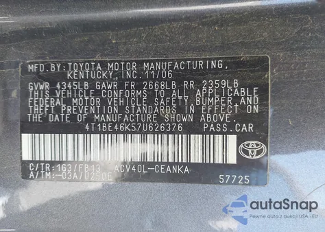 2007 Toyota Camry Le z USA, uszkodzony, nr VIN 4T1BE46K57U626376